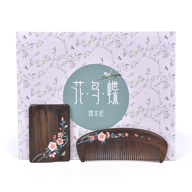 Wooden Comb and Mirror Set-Sakura Blossom Pattern