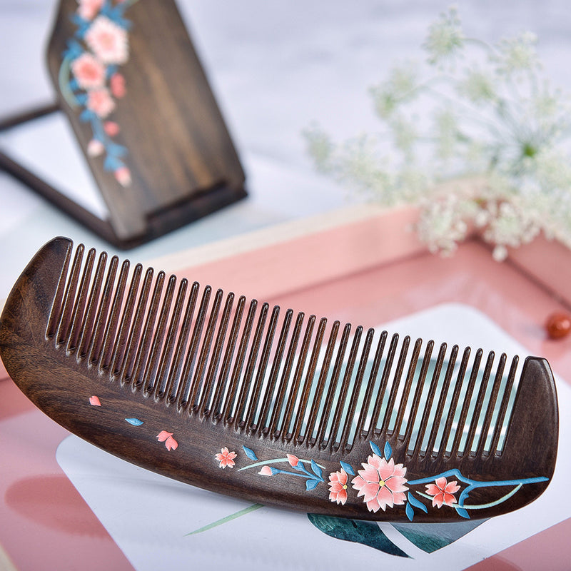 Wooden Comb and Mirror Set-Sakura Blossom Pattern