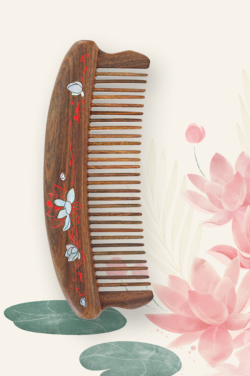 Lotus Wood Comb with Seashell Inlay