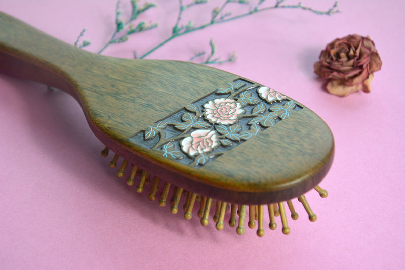 3D Rose Flower Wood Hair Brush