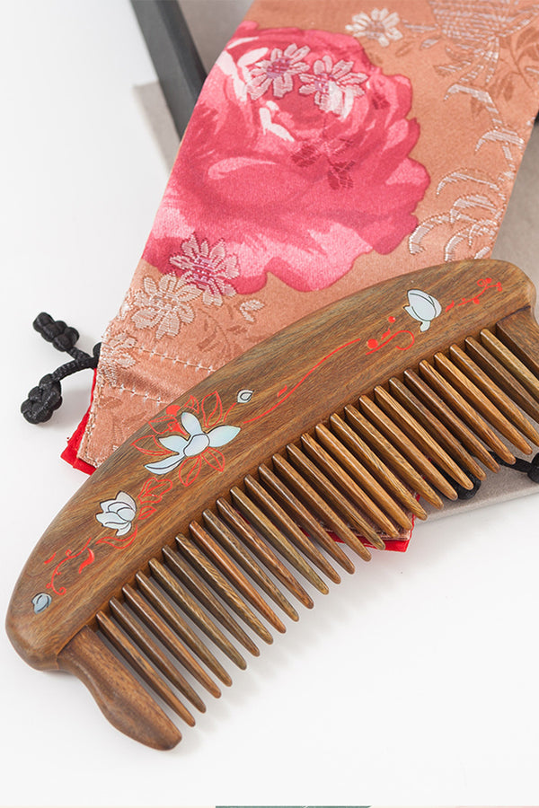 Lotus Wood Comb with Seashell Inlay