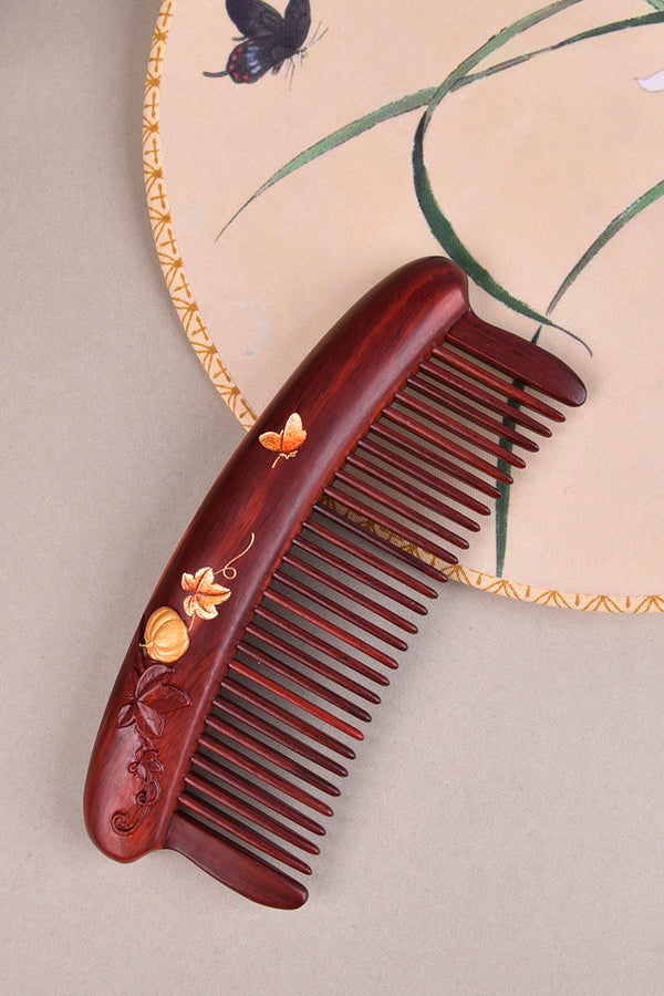 Red Wood Hair Comb (Melon & Leaf Pattern)