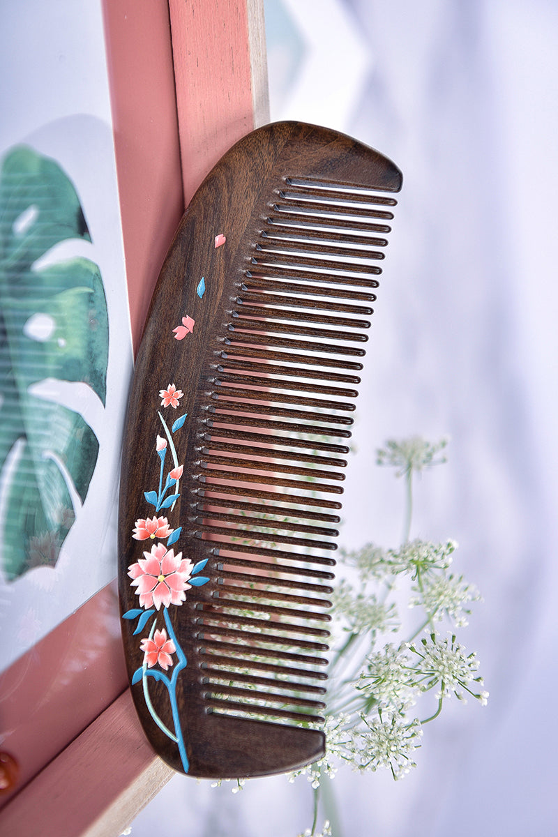 Wooden Comb and Mirror Set-Sakura Blossom Pattern