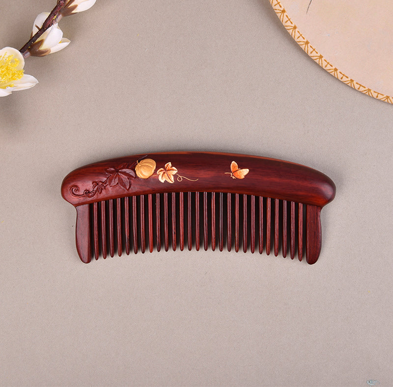 Red Wood Hair Comb (Melon & Leaf Pattern)