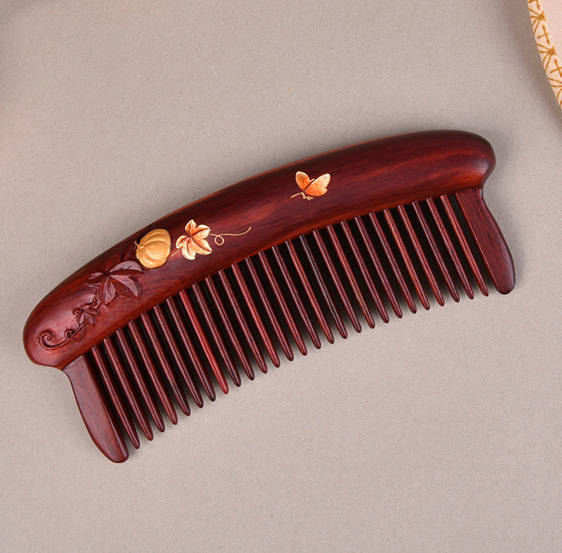 Red Wood Hair Comb (Melon & Leaf Pattern)