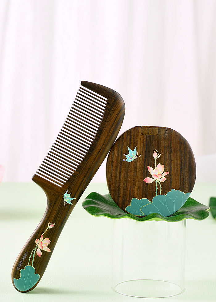 Wooden Comb & Mirror Set (Butterfly & Lotus )