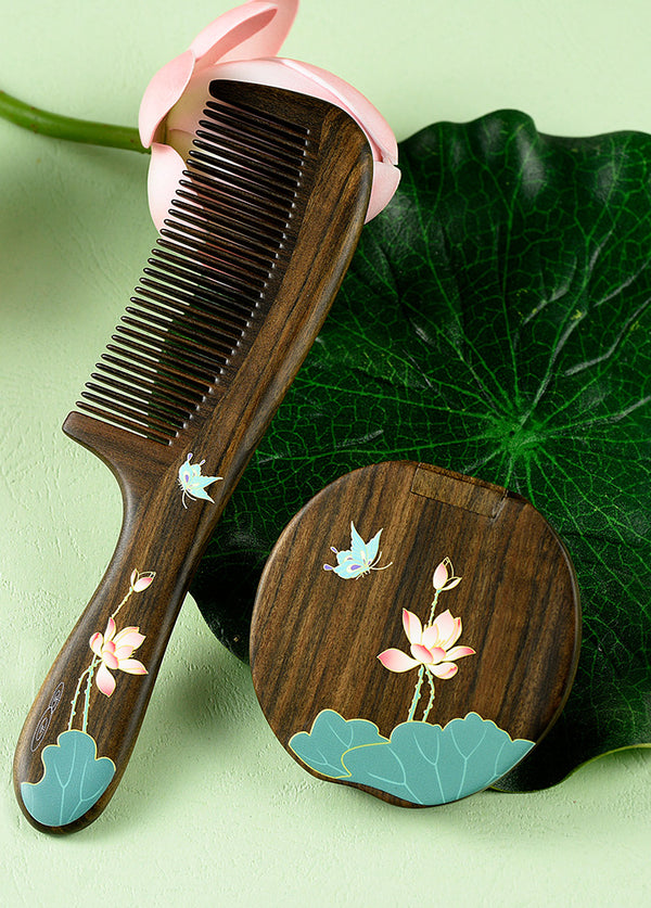 Wooden Comb & Mirror Set (Butterfly & Lotus )