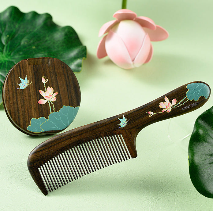 Wooden Comb & Mirror Set (Butterfly & Lotus )